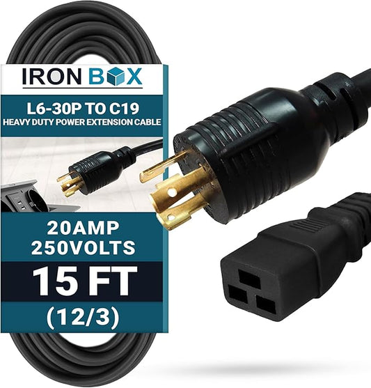 IronBox Electric NEMA L6-30P to C19 Power Cord - 20Amp, 250V, 12/3 SJT - UL Listed Heavy Duty Power Extension Cable for Generator, Data Centers, Outdoor Use, High-Powered Applications & More (15 ft)