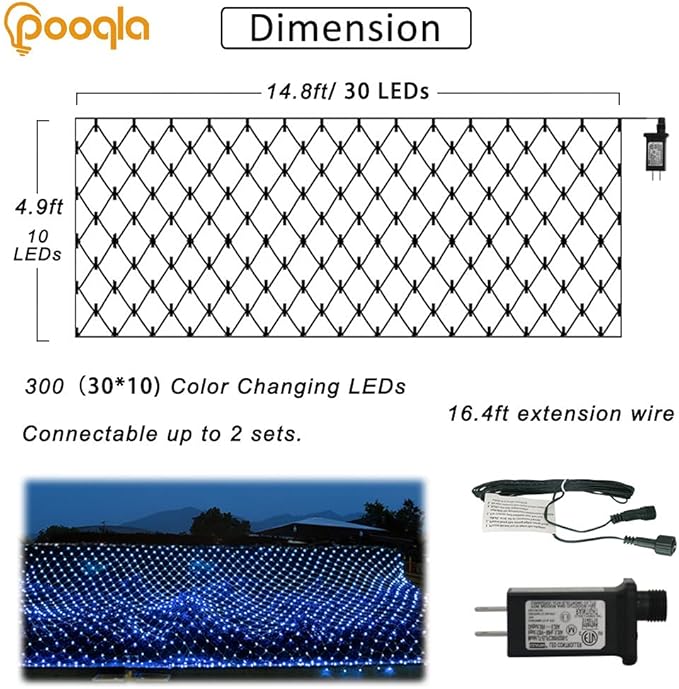 Pooqla Net Lights, 300LED Christmas Outdoor Mesh Light, 14.8x4.9 ft Fairy String Light with 8 Modes Green Wire, Connectable Waterproof for Bushes Tree Garden Halloween, Blue