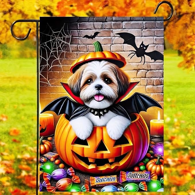 Happy Halloween Garden Flag 12x18 Double Sided Dog Pumpkin Garden Flag for Outside Witch Hat Small Flag for Outdoor Holiday Home Decor Banner