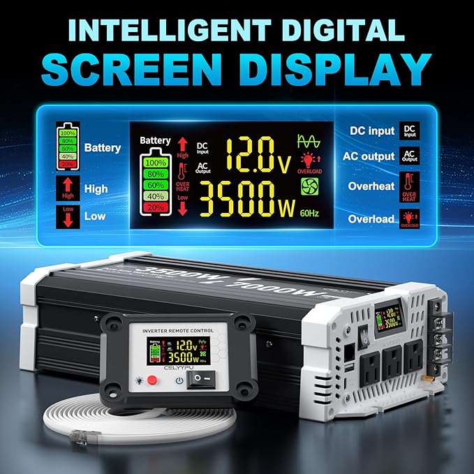 3500 watt Pure sine Wave Inverter, 12V DC to 110V AC Power Inverter, Used for Solar Emergency Power Supply in RV Homes, with 3 AC Output sockets, USB Port, Type-C Port, Remote Control with LCD Screen