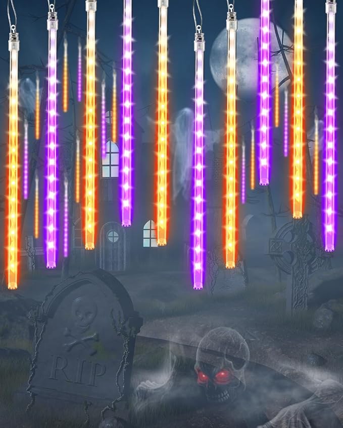 Halloween Lights Outdoor 20 Tubes 480 LED Raindrop Meteor Shower Icicle Lights with Timer Function Cascading Light Falling Rain Light for Halloween Orange Purple