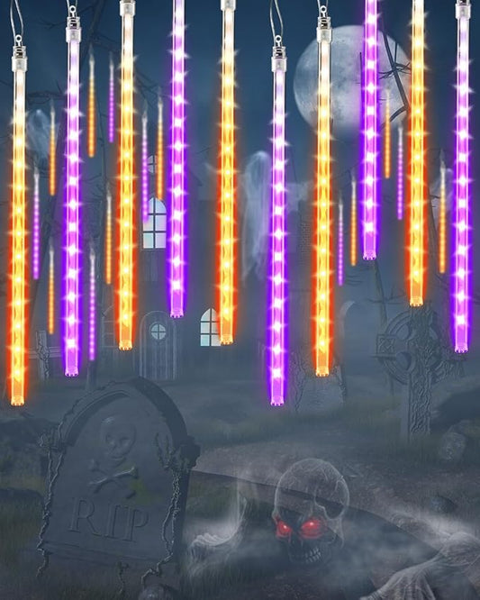 Halloween Lights Outdoor 20 Tubes 480 LED Raindrop Meteor Shower Icicle Lights with Timer Function Cascading Light Falling Rain Light for Halloween Orange Purple