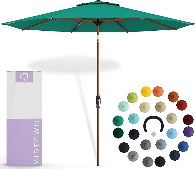 Midtown Umbrellas Sunbrella Umbrella Large Patio Umbrella 2-10 Feet in Canvas Teal Fabric Auto-Tilt Aluminum Frame Backyard Umbrella, Deck Umbrella, Garden Umbrella & Porch Umbrella - Wooden Pole