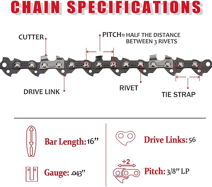 E & S 3 Pack 16 Inch Chainsaw Chain 3/8" LP Pitch .043" Gauge 56 Drive Links Semi-Chisel Chain Saw Chains for Husqvarna, Poulan, Craftsman, Greenworks and More Chainsaw Brands