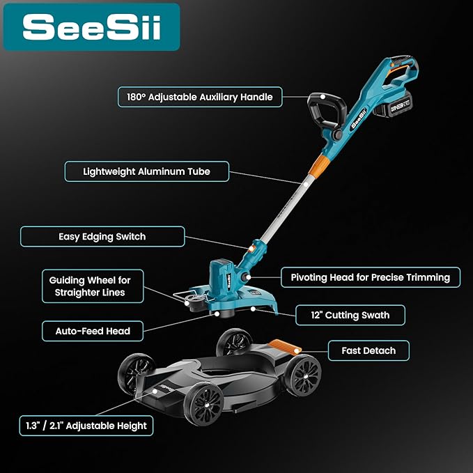 Seesii String Trimmer : 12’’ Cordless Weed Wacker & Edger with 2 * 4.0Ah Batteries - Electric Lawn Mower with 1.3’’/2.1’’ Adjustable Deck - 3-in-1 Battery Lawn Mower for Garden/Yard
