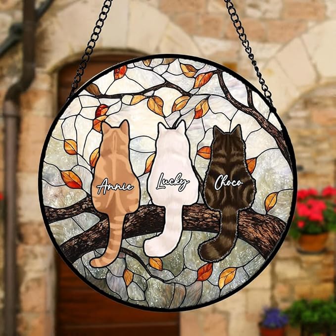 Custom Cat Portrait Stained Glass Window Hanging Light Catcher, Pet Memorial Stained Glass Photo, Cat Memorial Gift Pet Loss Gift