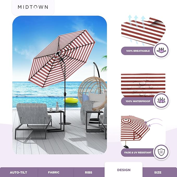 Midtown Umbrellas The Lean 10 Feet Outdoor Umbrella With Terylast Red Stripes (Red/White Stripes) Polyester Fabric - Auto-Tilt Aluminum Frame Patio Umbrella For Deck, Garden, Pool - Black Pole