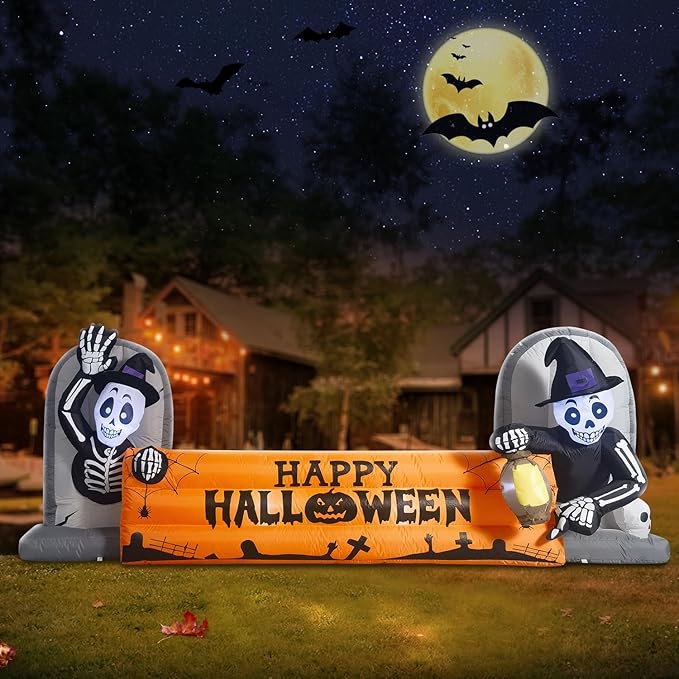 10FT Large Halloween Inflatable Decorations Skeleton Tombstone Banner, Build-in LED Lights Holiday Blow Up Yard Decoration for Halloween Holiday Party Outdoor，Garden Yard Lawn Decor