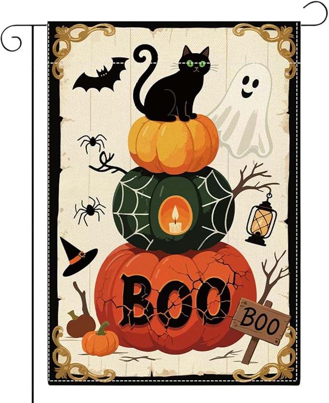 Halloween Boo Garden Flag Scary Ghost Bat Fall Halloween Themed Holiday Party Outside Outdoor Lawn Decorations Yard Flag Double Sided 12x18 Inch