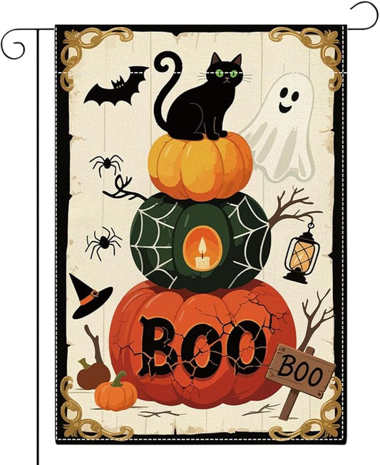 Halloween Boo Garden Flag Scary Ghost Bat Fall Halloween Themed Holiday Party Outside Outdoor Lawn Decorations Yard Flag Double Sided 12x18 Inch