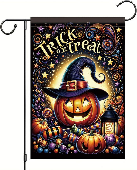 12 x 18 Inch Halloween Garden Flag Outdoor Pumpkin Witch Hat Trick or Treat Yard Decoration Double Sided Autumn Holiday Seasonal Banner for Lawn Patio Party Candy Lantern Fall Theme
