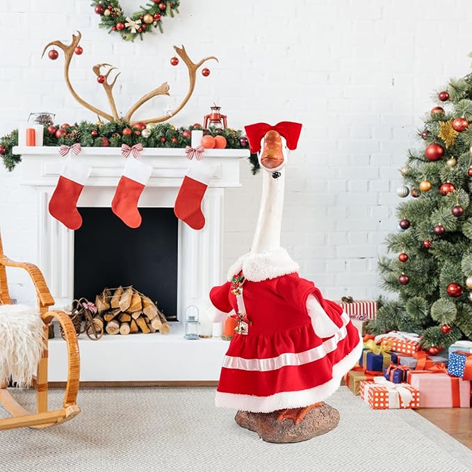 Christmas Mrs. Claus Porch Goose Outfit Dresses Clothes for 23" High Cement or Plastic Porch Goose Costume for Outdoor Patio Garden Statue Xmas Santa Holiday Decor