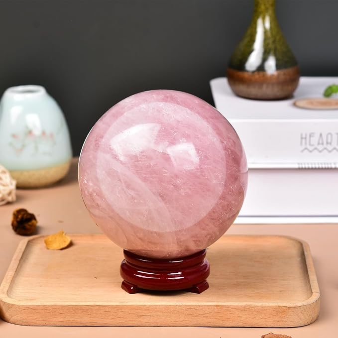 JIC Gem Large Healing Crystal Ball Pink Rose Quartz Crystal Sphere Ball with Stand Decorative Ball Home Decoration (110-120mm)