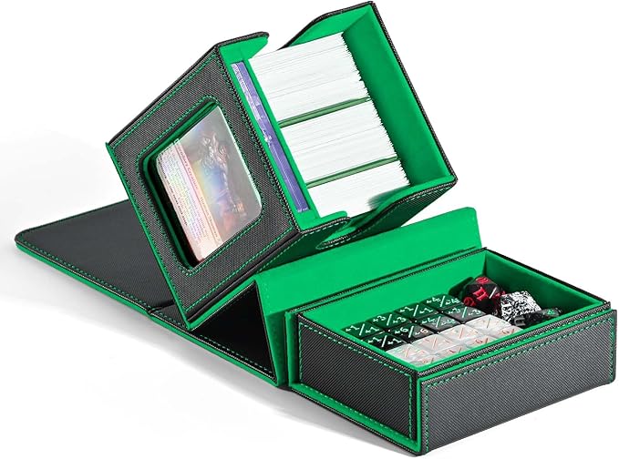 ZLCA MTG Commander Deck Box with Display Window, Deck Box Holds 100 Double-Sleeved with Dice Tray & 35pt Magnetic Card Holder（Black& Green）