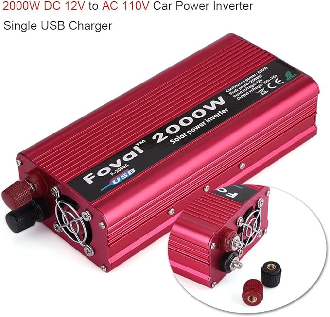 Power Inverters, 2000W DC 12V to 110V Car Converter with 2 AC Outlets & USB Ports for Household Appliance