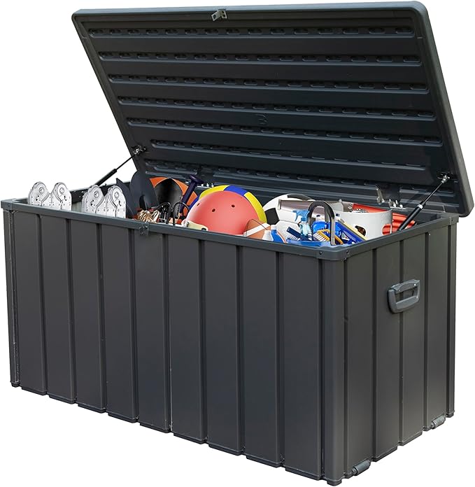 Deck Box,100 Gallon Indoor and Outdoor Storage Box, Lockable Large Patio Storage Bin for Outside Cushions, Garden Tools (Dark Grey)