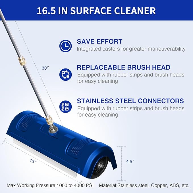 GALAXYER Pressure Washer Surface Cleaner, Metal Floor Washer Accessories for Driveways Sidewalks Patios with 2 Extension Pole Attachments, 1/4-inch Quick Coupler