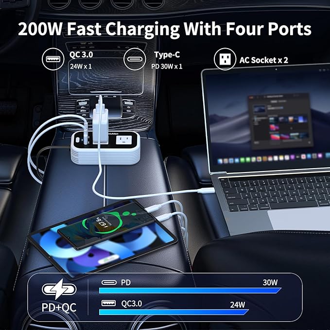 200W Car Power Inverter, Blubluman DC 12V to 110V AC Car Plug Adapter Outlet with 30W PD Charger, QC3.0 Fast Charger 24W, Power Inverter for Vehicles, Outlet for Laptop Computer Charger