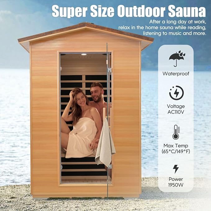 Outdoor Sauna 2 Person Far Infrared Saunas Dry Home Sauna Room Hemlock 1 to 2 Person Wood Sauna 1950W/110V Low EMF with Speaker, Reading Light, Cup Holder and Towel Rack - 47 * 39 * 82 in