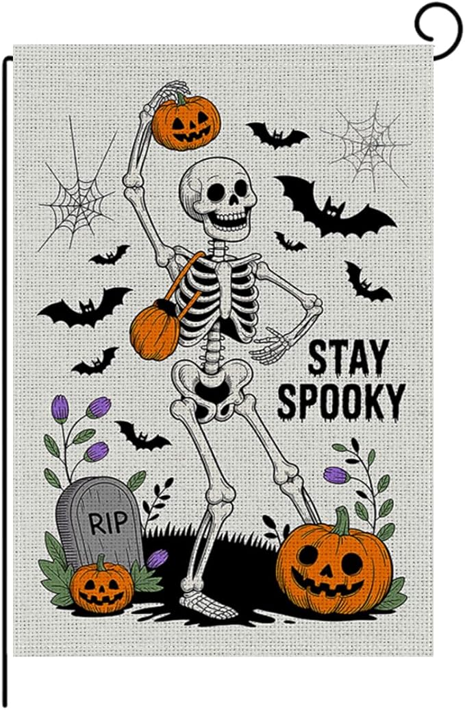 HTBIG Funny WSkeleton Halloween Garden Flag, Spooky Halloween Garden Flag, Yard Flags for Outside 12x18 inch, Outside Yard for Home Decorations