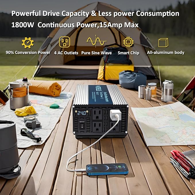 WZRELB 1800W Pure Sine Wave Inverter 24V DC to 110V 120V AC Power Converter with LED Display, Off-Grid Portable Power Inverter with 4 AC Outlets for Home, RV, Truck, Camping