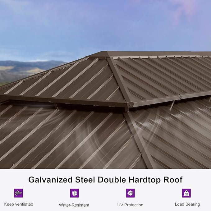 PURPLE LEAF 14' X 28' Outdoor Hardtop Gazebo Patio Wide Aluminum Frame Galvanized Steel Double Roof with Heavy Duty Netting and Curtains for Permanent Hard Top Pavilion Screen Khaki
