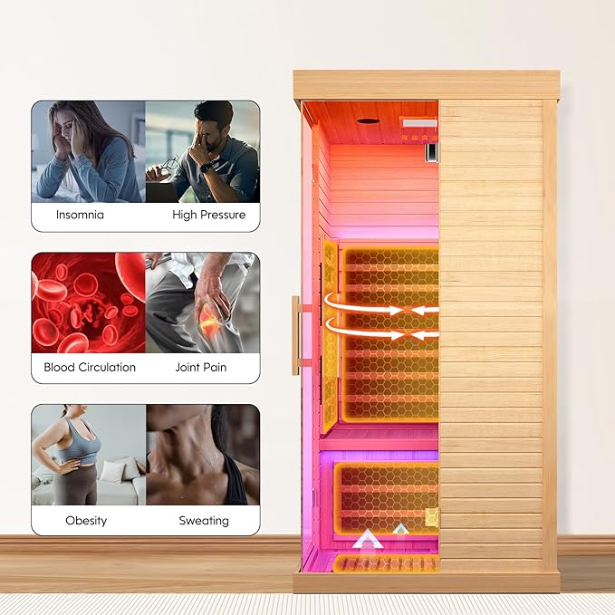 Sauna Room Indoor Far Infrared Saunas Home Canadian Hemlock 1420W Low-EMF Dry Saunas Single Person Spa with Oxygen Bar 7 Color Therapy 33.5 * 33.5 * 70.8 inch