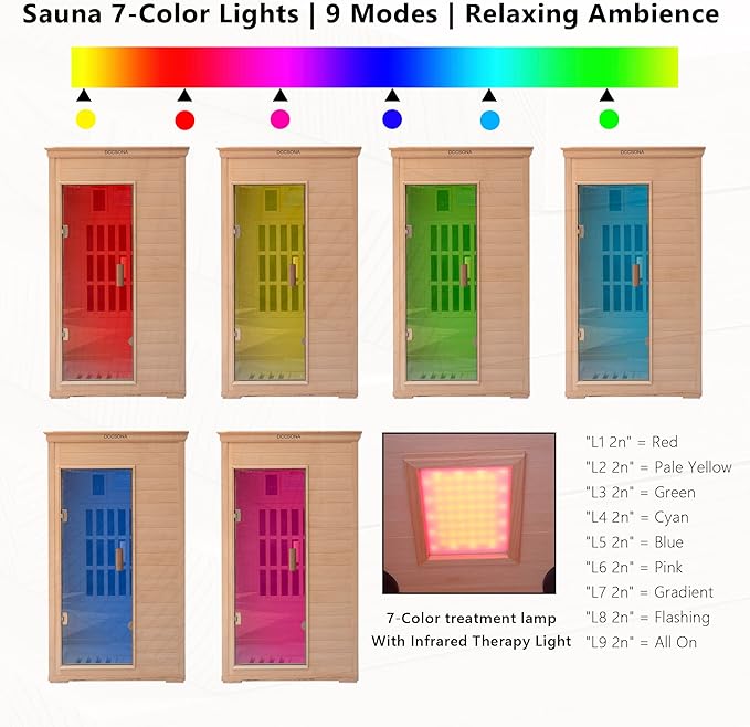 1-Person Indoor Infrared Sauna 1000W – Canadian Hemlock Wood Home Sauna with Red Light Therapy, Bluetooth Speaker, Glass Door,Big Room: 37.8" x 30.3" x 65.4"