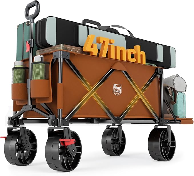 TIMBER RIDGE 47"L Collapsible Folding Wagon with Tailgate, 550lbs Heavy Duty Beach Wagon with All-Terrain Big Wheels, 250L Foldable Utility Wagon Cart for Sand Camping Sports Shopping, Orange