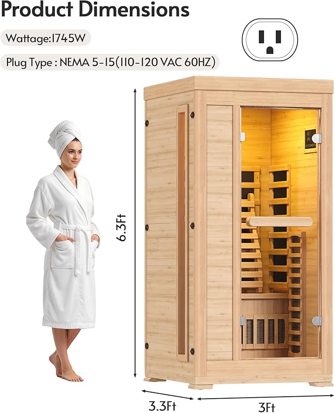 Infrared Sauna at Home 1 Person with 7 Color Therapy, Low EMF 1745W Fast Heating Canadian Hemlock Wood Sauna, Indoor Dry Sauna with Bluetooth Speakers for Home, Gym (3Lx3.3Wx6.3H Ft)