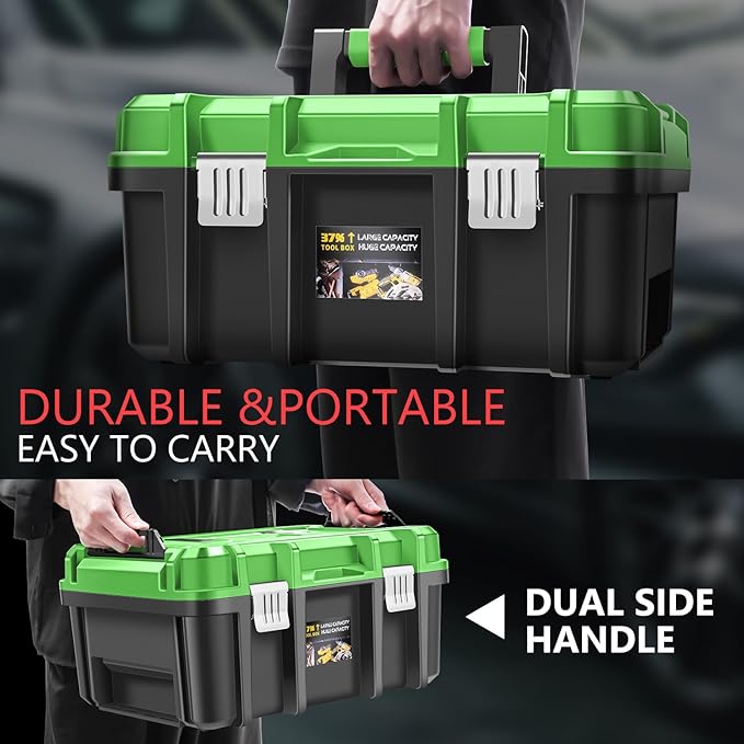 ‎DNA MOTORING 2pcs Tool Boxes Set - Lockable Organizer Storage Portable Toolbox with Removable Tray for Workshop Garage & Household, Large Capacity, TOOLS-00310-GR
