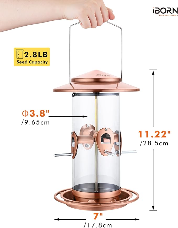 iBorn Metal Bird Feeder for Outside Hanging,Wild Bird Feeders for Cardinal,18cm Large Roof&Tray Brushed Copper 10 Port(Seed is not Included)