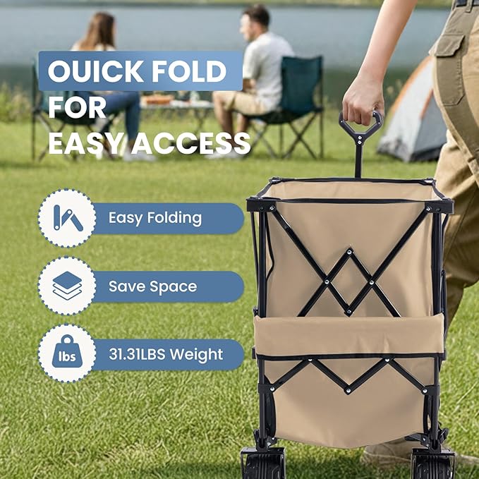 DUMOS Large Capacity Folding Double Decker Wagon with Brakes, 440 lbs Wagons Carts Foldable Wagon Cart with Flexible Handle, All-Terrain Big Wheels for Grocery Sports Garden Camping