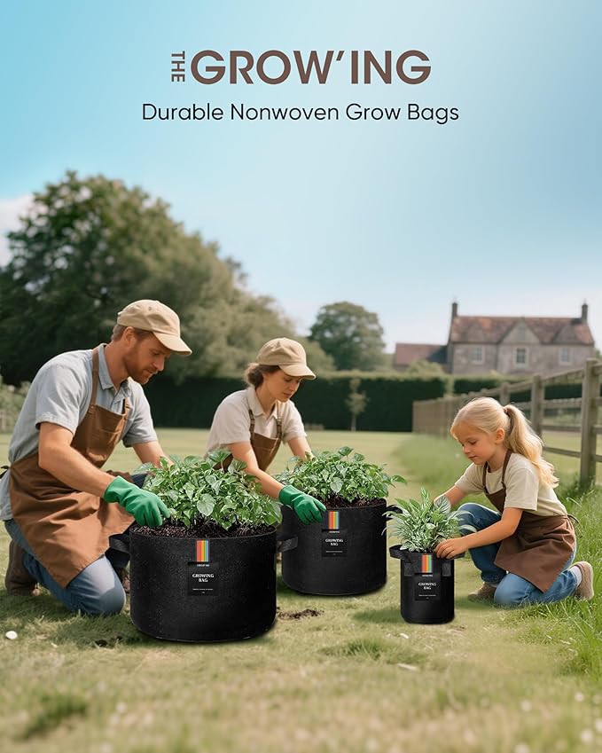 The Growing 5 Pack 5 Gallon Fabric Grow Bags，Thickened Aeration Nonwoven Fabric Plant Pots with Durable Handles,Heavy Duty 300G Planter Pot for Tomato, Fruits, Vegetables and Flowers, Black