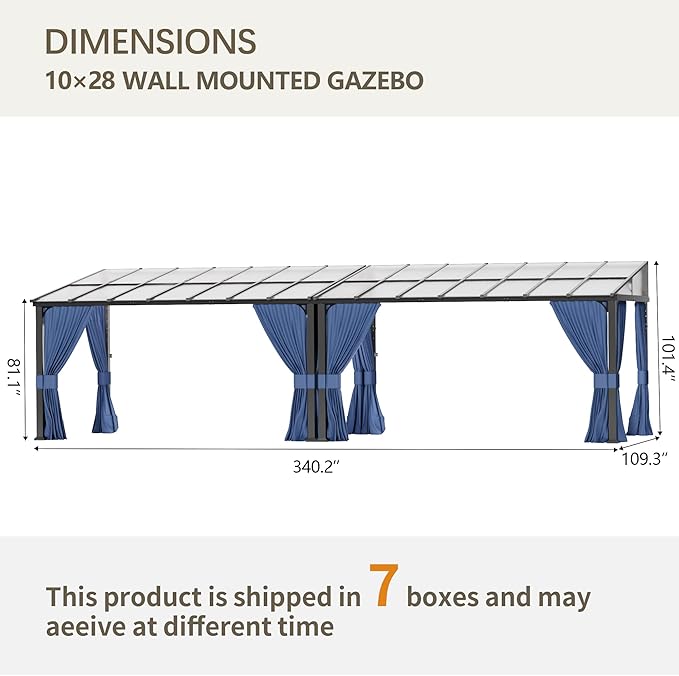 10’ x 28’ Gazebo for Patio,Wall Mounted Gazebo with Sloping Polycarbonate Roof,Aluminum Frame Outdoor pelgole w/Netting & Curtain for Garden,Backyard,Navyblue