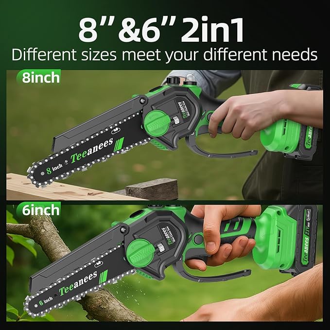 Mini Chainsaw Cordless, 8 Inch & 6 Inch Portable Electric Chain Saw with 2 Battery 8 Chains, Auto Oiler, Battery Powered Small Handheld Saw for Wood Cutting, Tree Trimming, Garden(Green)