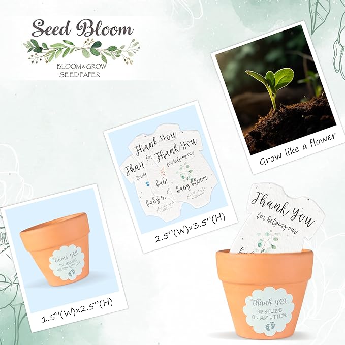 Set of 6 Seed Paper – 6 Green Onesie & 6 Orange Pots with Stickers for Weddings & Life Events