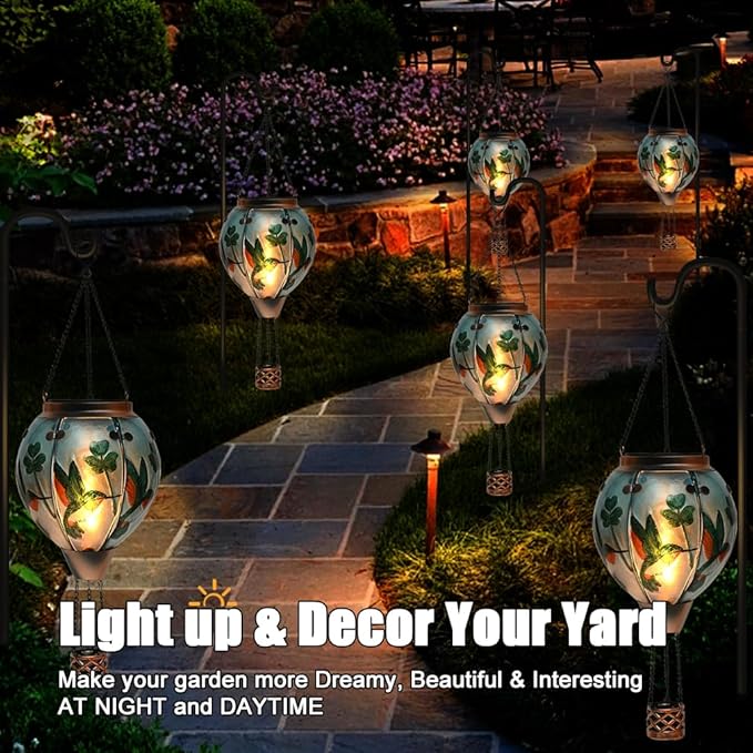 Hot Air Balloon Solar Lantern - Hummingbird Glass Lantern, Simulated Flickering & Dancing Flame, Outdoor Hanging Shamrock Yard Light Waterproof IP65 for Patio Lawn Porch Decor Irish Gift