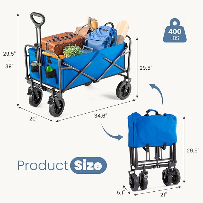 DUMOS Collapsible Wagon Cart Foldable, Heavy Duty Folding Wagon with Wheels, Lightweight Portable Folding Utility Shopping Cart for Grocery Sports Garden Camping