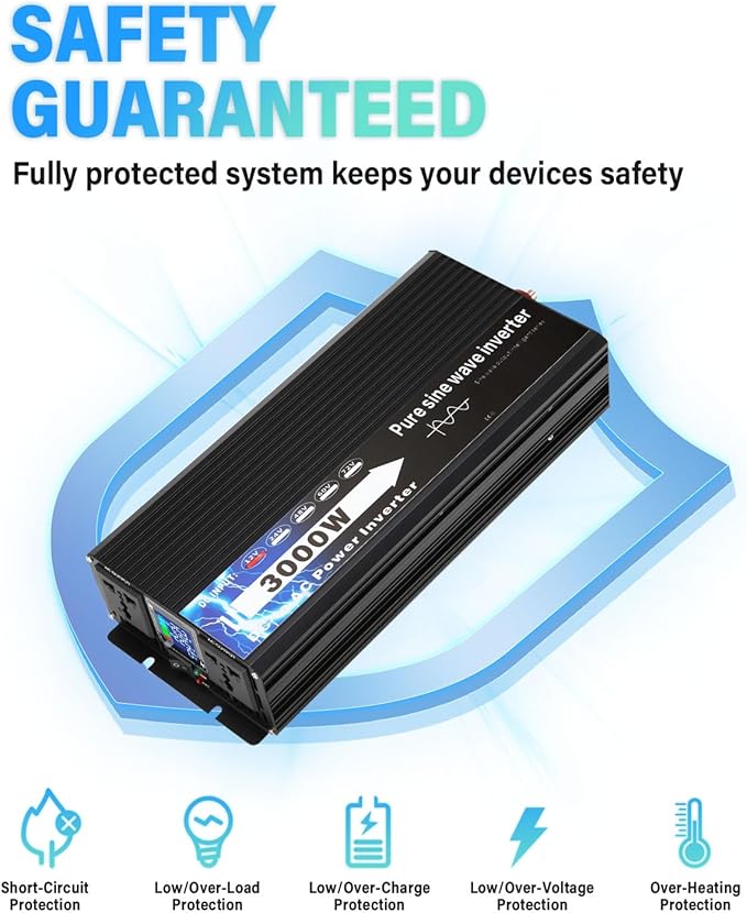 NIHAO 3000W Power Inverters DC 12V to 110V AC Converter with LCD Display, 2 International Socket and Battery Clips for Home, RV, Outdoor, Camping, Boat