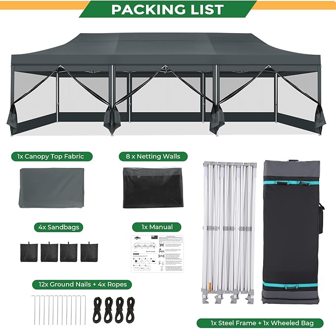 COBIZI 10x30 Heavy Duty Pop Up Canopy Tent with 8 Sidewalls, Commercial Gazebo Party Tent with Mosquito Netting Wall Easy Set Up Outdoor Instant Screen Tent for Backyard, Patio, Garden, Gray