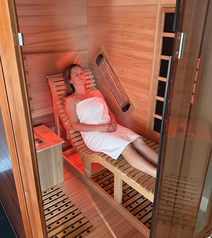 Corner Sauna 1 Person, Infrared Wooden Sauna, Luxurious Canadian Hemlock Home Saunas, 2300 W 8 Heating Element, Low EMF Full Size Indoor Spa(Right Recliner)