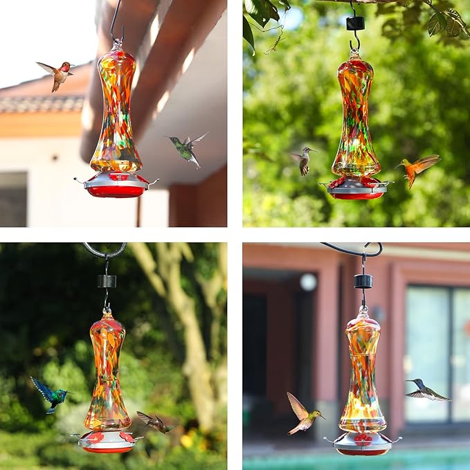 Glass Hummingbird Feeder for Outdoors: Orange Window Hanging Hummingbirds Presents for Women - Ant Moat Included, Metal Base with 4 Feeding Ports & Perch, Leak Proof, 38 fl.oz, Best Garden Decor