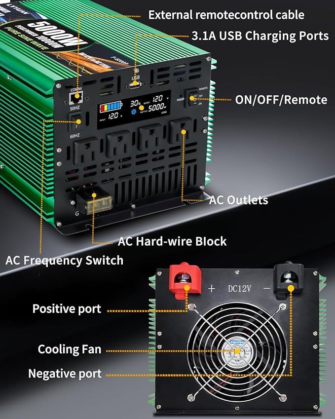 5000W Pure Sine Wave Power Inverters, LVYUAN 10000W Peak Power 12V DC to AC 120V Power Converter for RV, Truck, Outdoor, Remote Control Quadruple AC Outlets and USB Ports Inverter with LCD Display