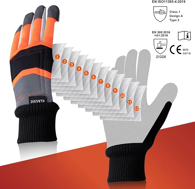 Chainsaw Gloves - Anti-Cut Leather with 12-Layer Chainsaw Protection on Back of Left Hand Only, Classic