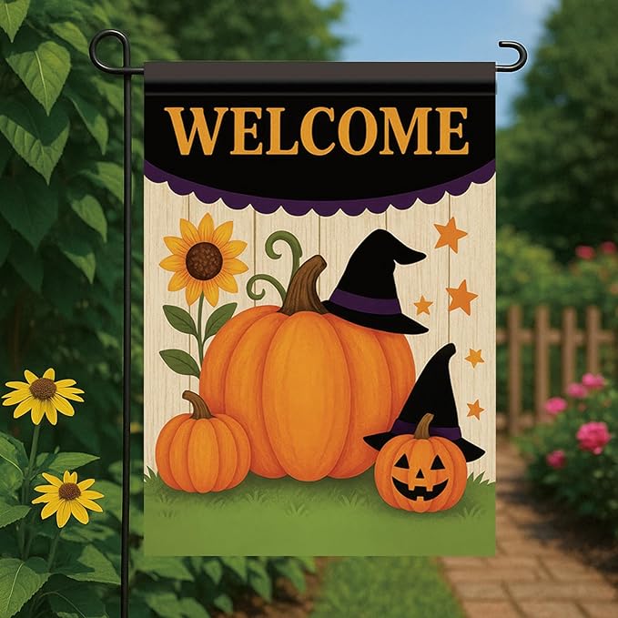 Halloween Fall Garden Flag Pumpkin Witch Hat Flag 12x18 Inch Double-Sided Welcome Yard Banner Autumn Outdoor Decor for Porch Lawn Pathway Jack O Lantern Sunflower Holiday Sign