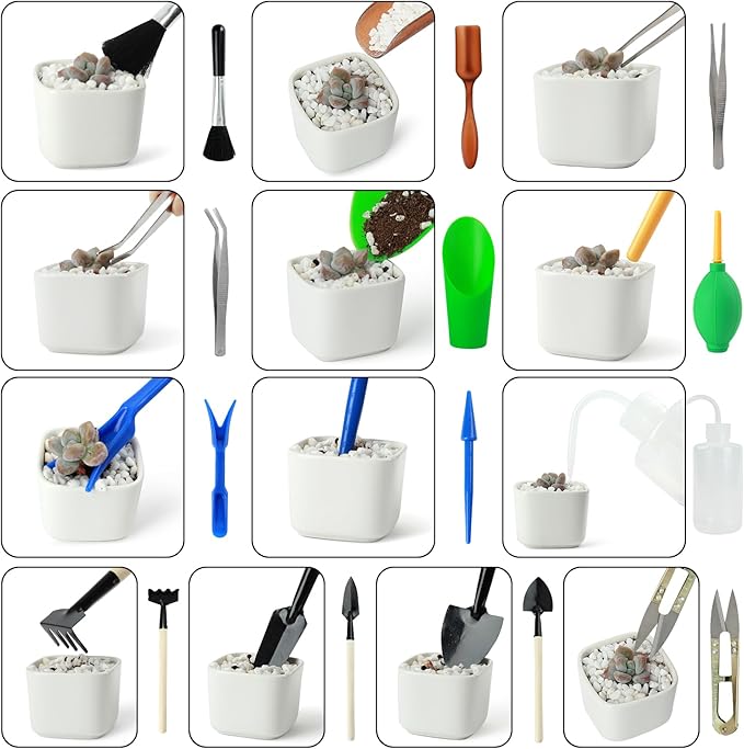 Succulent Tools Kit with Organizer Bag- 13Pcs Indoor Gardening Tools |Mini Succulent Hand Tools with Tote, Succulent Transplanting Supplies, Present for Gardeners Plant Care (Rose)