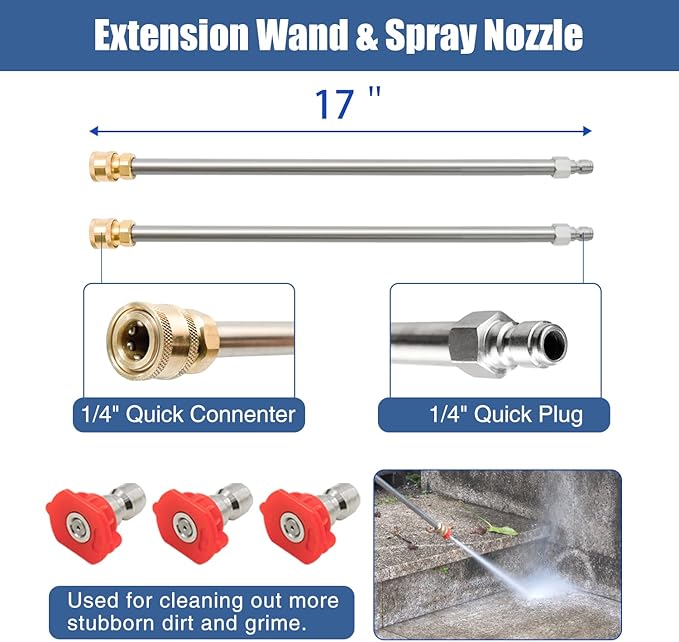 JANZ 16" Pressure Washer Surface Cleaner with 4 Wheels, Stainless Steel Housing, 1/4" Quick Plug, 2 Extension Wand Attachments, 2 Replacement Nozzles and 3 Spray Nozzles, 4000 PSI