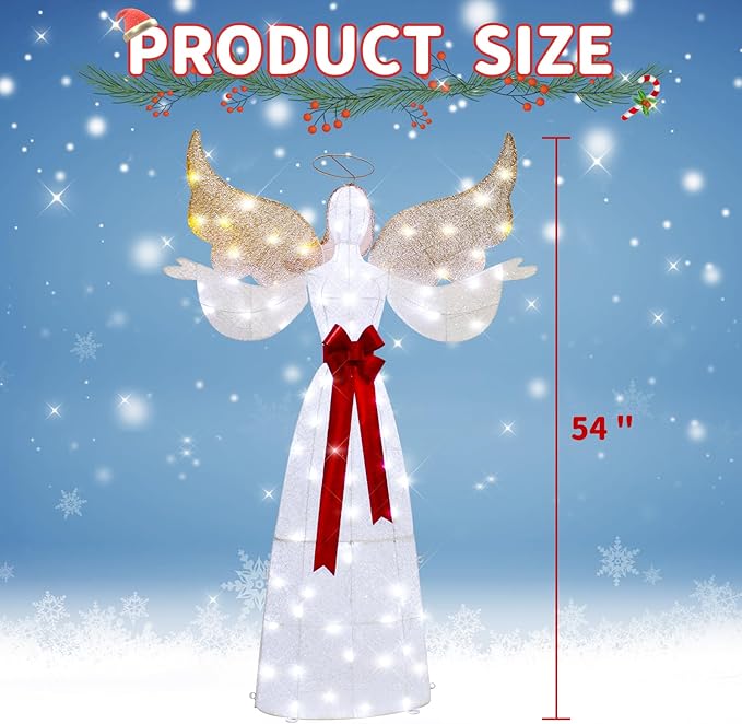 65" Lighted Angel Christmas Decoration, 3D Halo Angel with Golden Wings, White LED Lights, Outdoor/Indoor Use