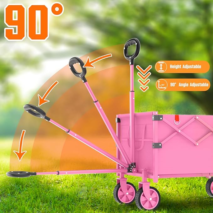 Wagons Carts Foldable, Lightweight Portable Utility Shopping Cart with Wheels, Folding Grocery Wagon Cart for Grocery, Camping, Shopping, Beach, Garden, Sports Pink